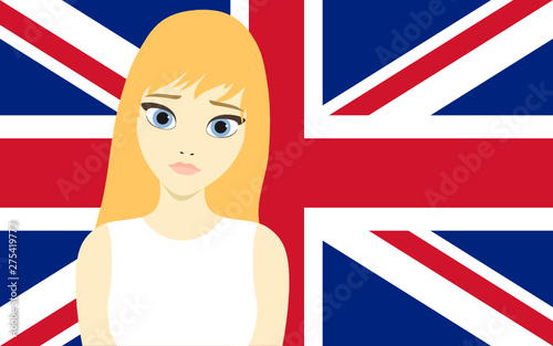 Vector illustration of a beautiful blond girl in front of the united kingdom flag representing the british beauty type