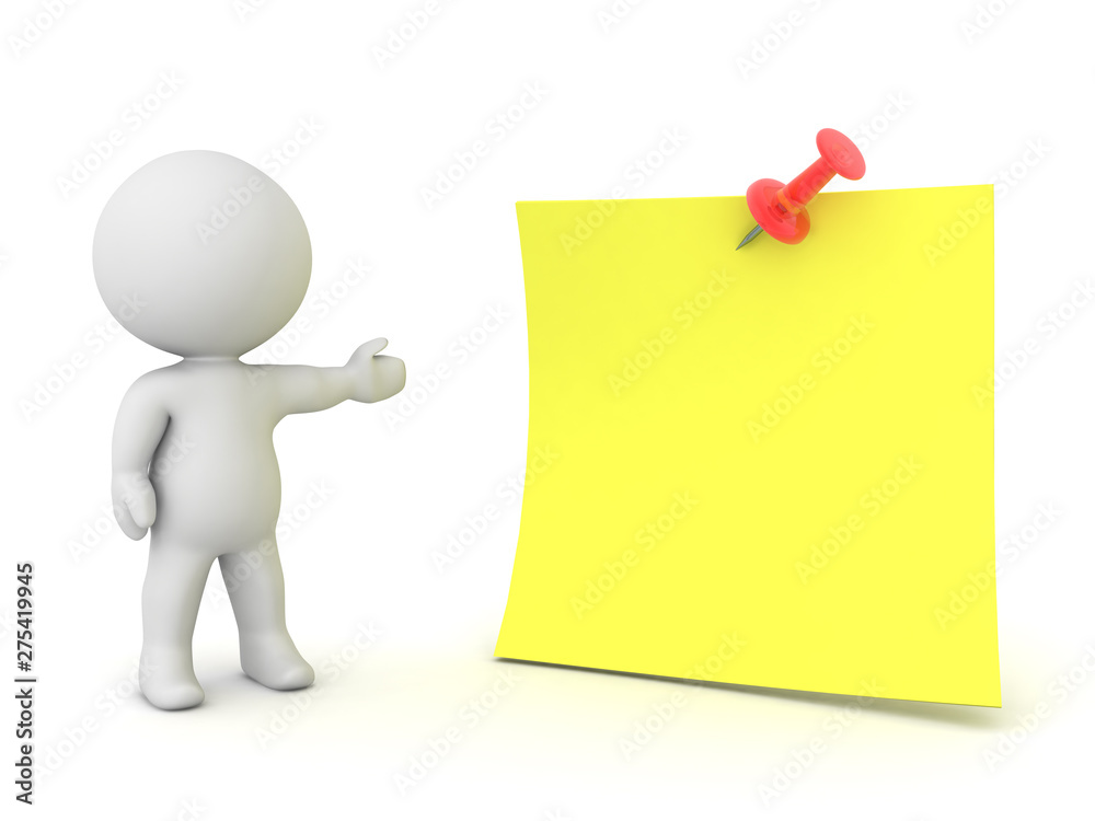 3D Character showing yellow post it note 3D Character showing yellow post it note