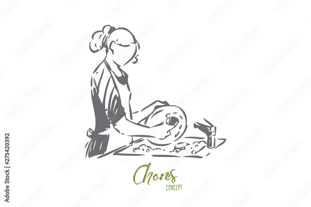 Woman doing dishes concept sketch. Isolated vector illustration