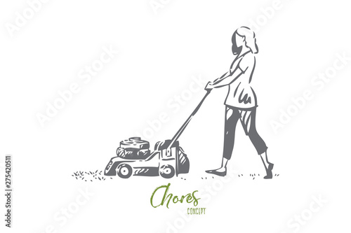 Girl mowing lawn concept sketch. Isolated vector illustration