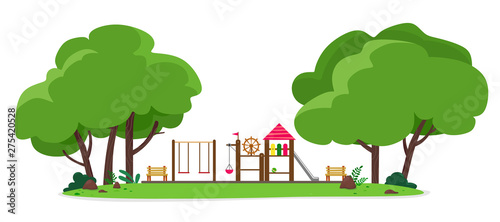 Playground in the park among the trees with benches. Vector illustration on white background.