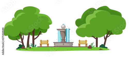 Public park with a fountain in the cozy benches. Vector illustration on white background.