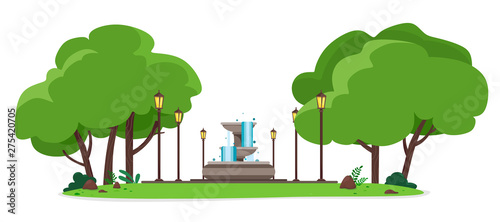 Public park with a fountain and street lamps. Vector illustration on white background.