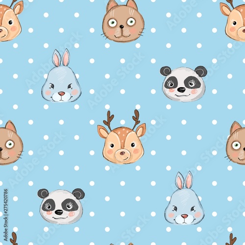 Colorful seamless pattern with muzzles of animals. Background with cute cat, deer, bunny and panda