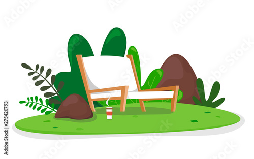 Armchair and hot coffee in nature, relax place, resting place. Vector illusion on white background