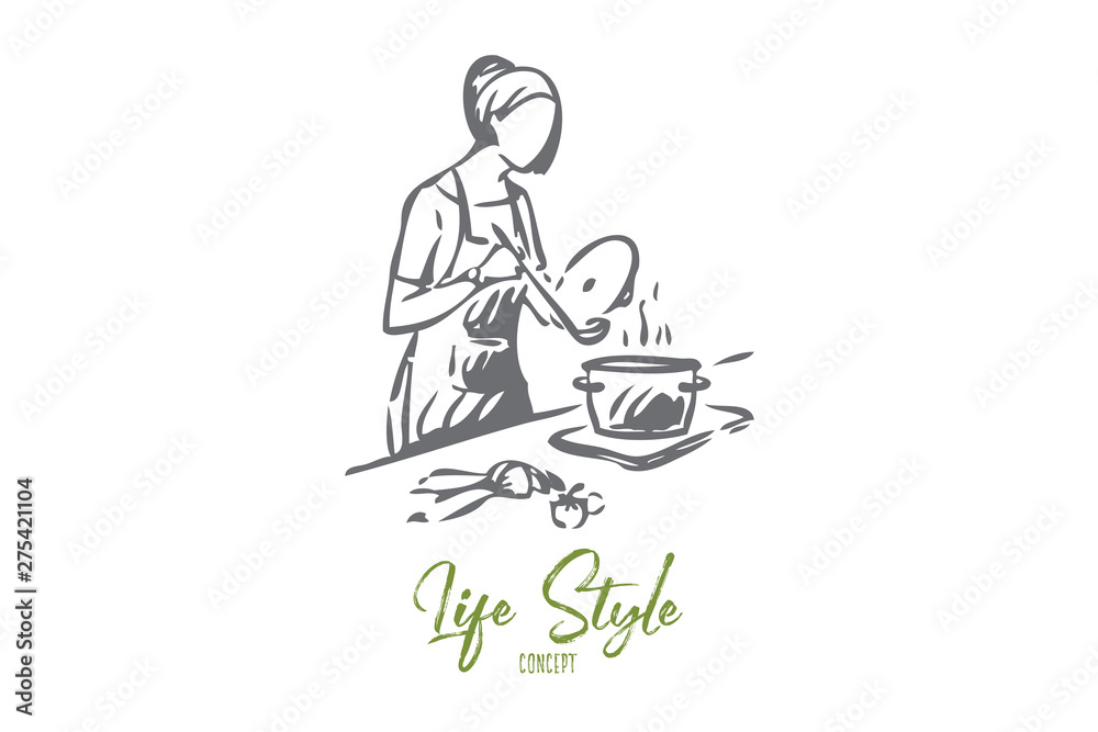 Maid cooking concept sketch. Isolated vector illustration