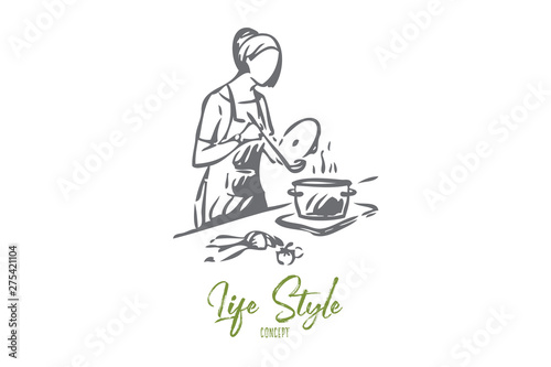 Maid cooking concept sketch. Isolated vector illustration