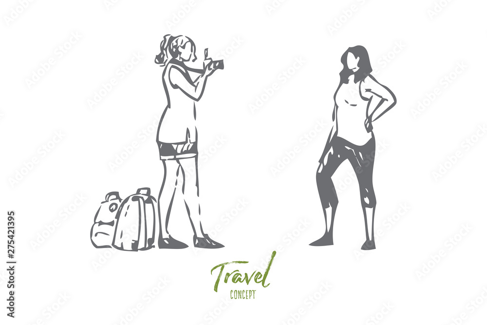 Friends travel concept sketch. Isolated vector illustration