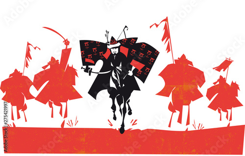 Genghis Khan, mongol emperor, and warriors, vector illustration