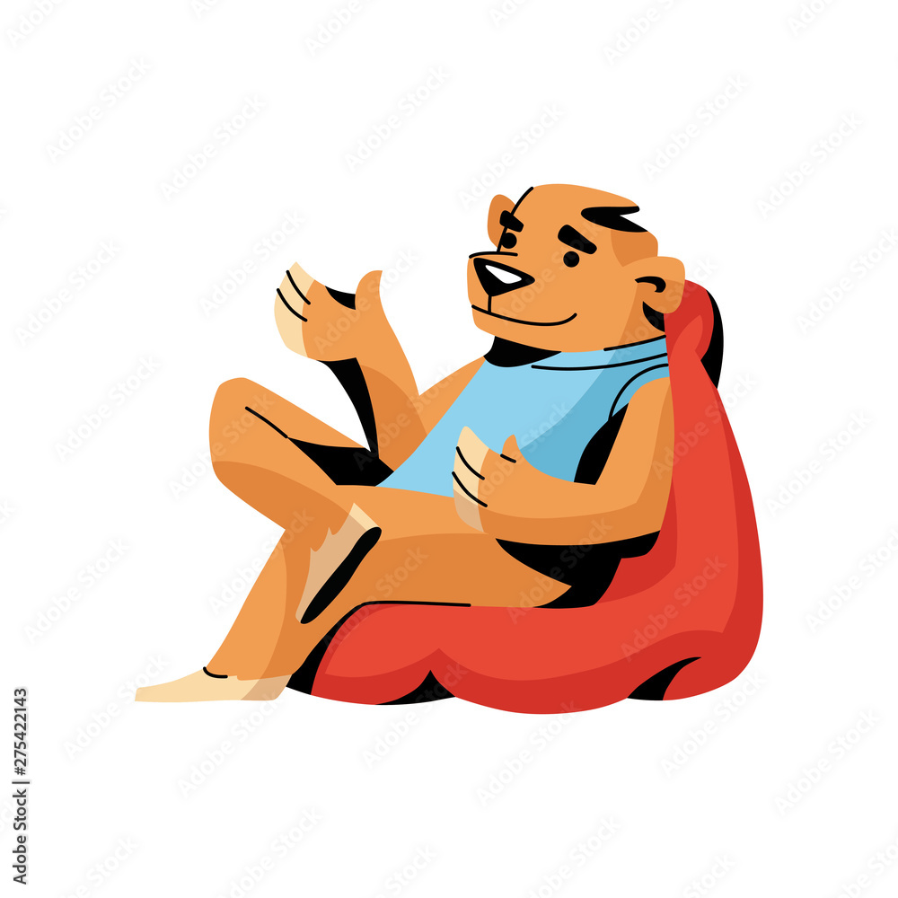 Obraz premium Brown bear in blue clothes is resting on red armchair