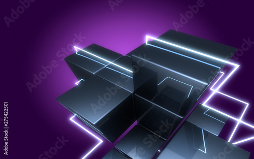 abstract cubes construction witth neon light.3d illustration