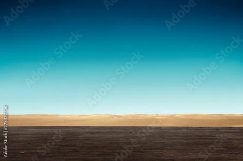 Flat desert scene with empty plank under for put your products or standing.