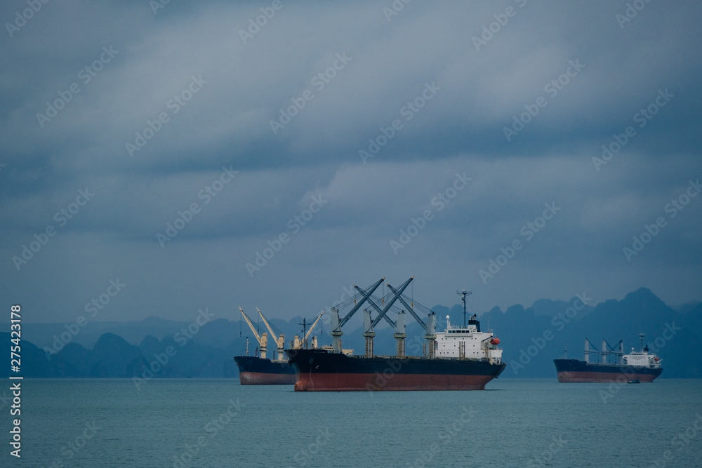 Business large cargo container ship logistics Quang Ninh city, Vietnam. Big cargo ship with containers, crane near the port, import export business logistic and transportation. Container ship mooring 