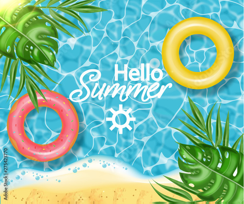 Summer pool and life ring Vector realistic. Commercial banner sale template. ...