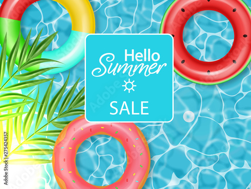 Summer pool and life ring Vector realistic. Commercial banner sale template. ...