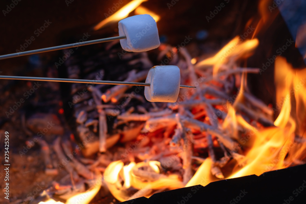 two marshmallows on the skewers roasting over the flames at the evening two marshmallows on the skewers roasting over the flames at the evening