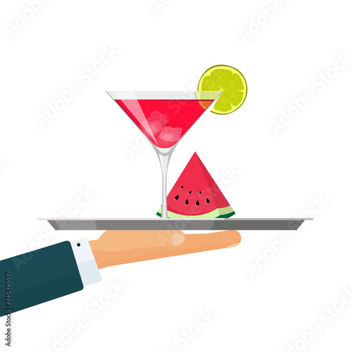 Waiter with tray, cocktail drink glass vector illustration with ice and watermelon slice isolated on white flat cartoon design, flat cartoon fruit red mixed beverage icon image