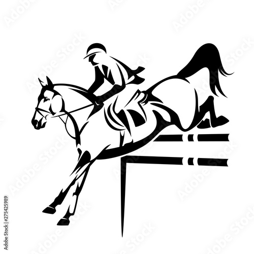 horseman during show jumping competition - man riding horse flying down black and white vector design