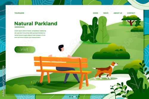Vector illustration - man on bench with dog in park, trees on background. Banner, site, poster template with place for your text.