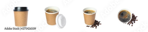 Set of paper glass with black cap on white background. Coffee time accessories