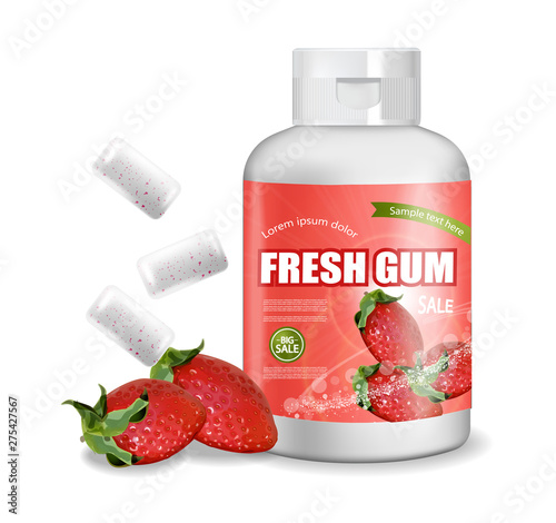 Chewing gum Vector realistic. Product placement detailed label design. Packaging bottles. Strawberry Fruit flavor. 3d illustrations