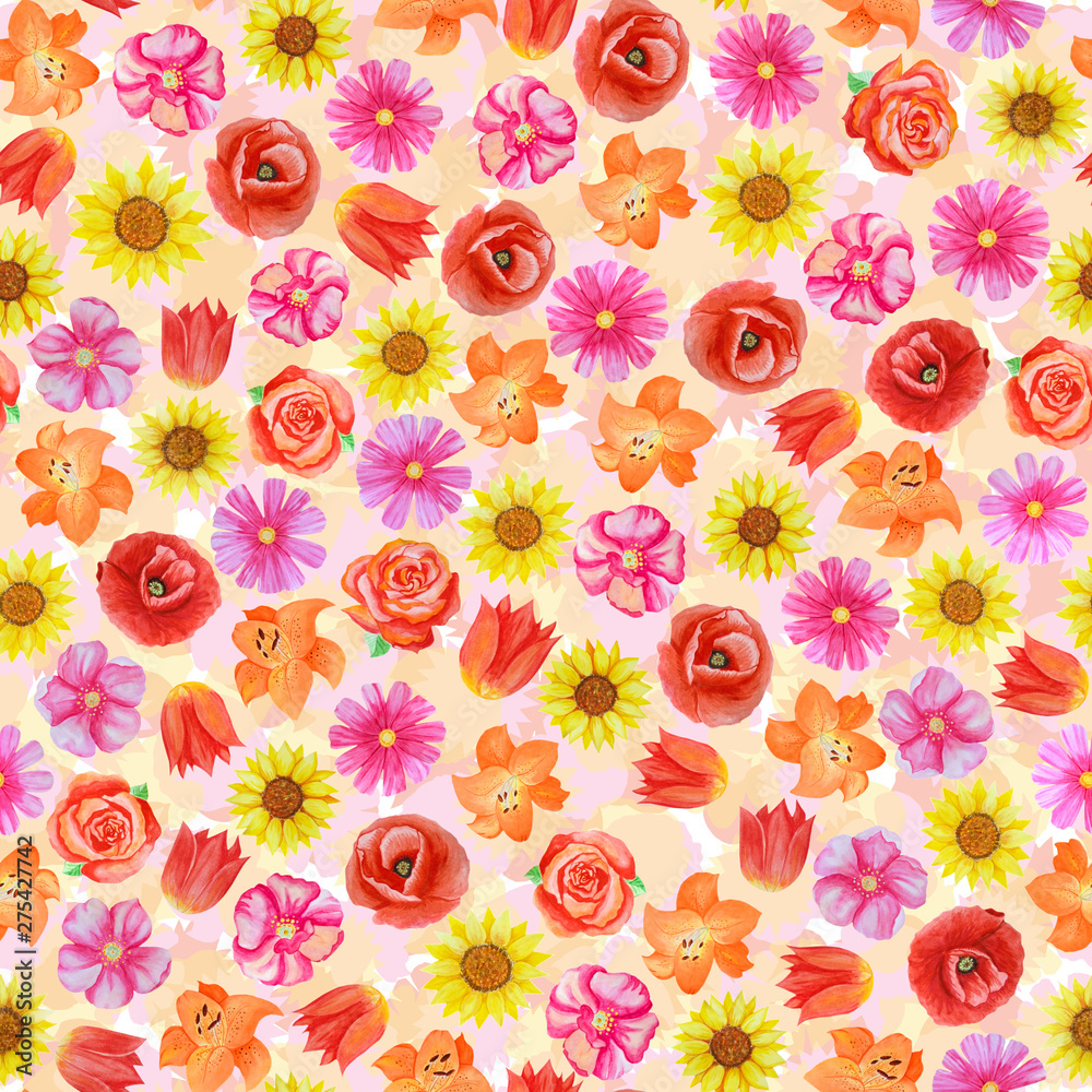 Seamless floral pattern on  pastel light background. Different bright flowers.