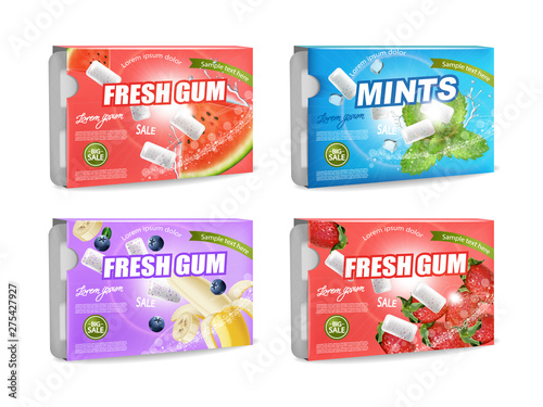 Gums Vector realistic set collection. Product placement detailed label design...