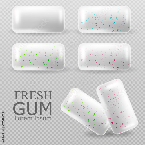 Chewing gum set Vector realistic. Tablets on transparent background. Strawberry Fruit and mint flavor. 3d illustrations