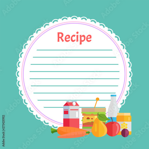 Empty recipe book in blue color, round white list with lines. Box and bottle, carrot and sandwich, honey and apple with pear, circle clean note page vector