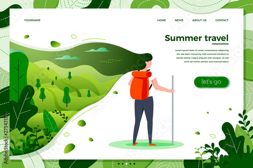 Vector illustration - tourist girl with backpack on summer travel, forests, trees and hills on green background. Banner, site, poster template with place for your text.