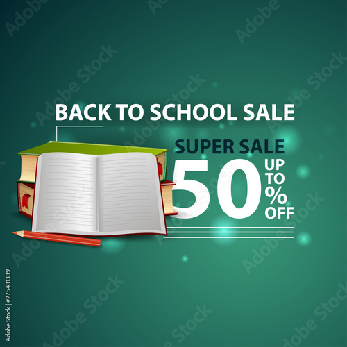 Back to school sale, modern creative 3D web banner with school textbooks and notebook