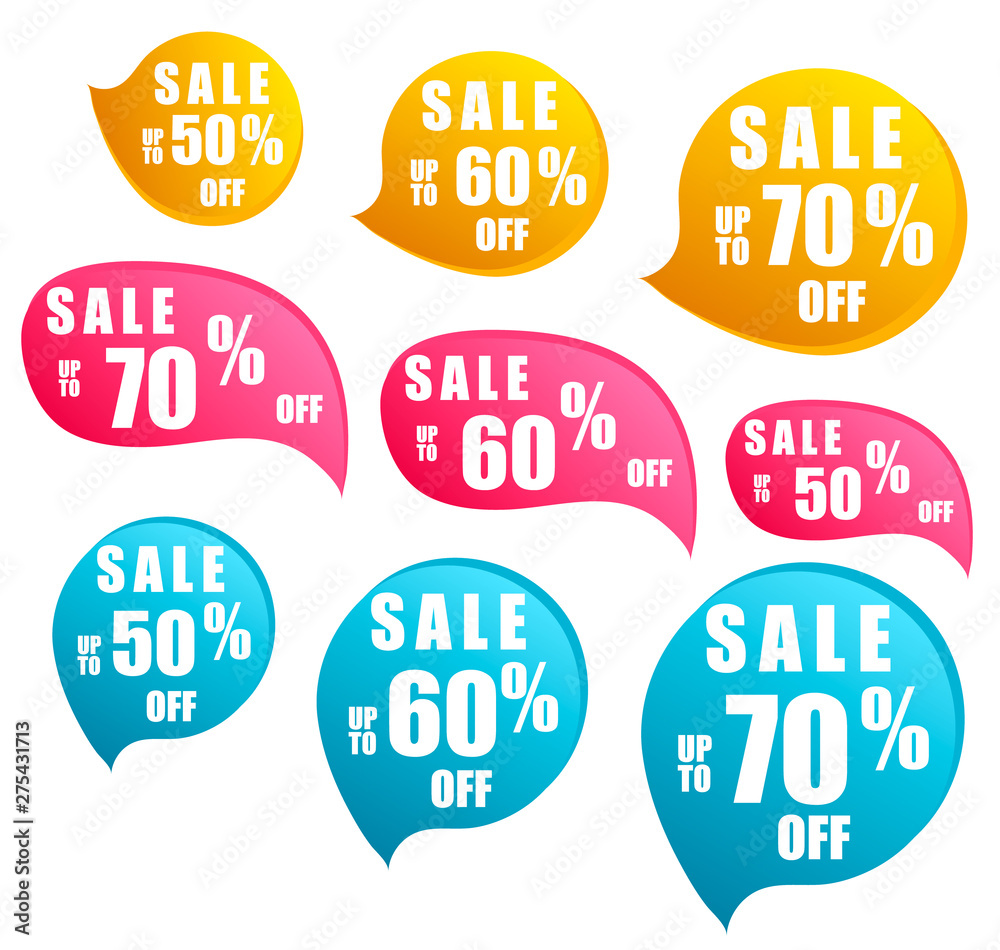 Sale - stickers set. Season sales sign, best price label. Shopping badges. Cartoon vector illustration isolated symbols set. Sale - stickers set. Season sales sign, best price label. Shopping badges. Cartoon vector illustration isolated symbols set.