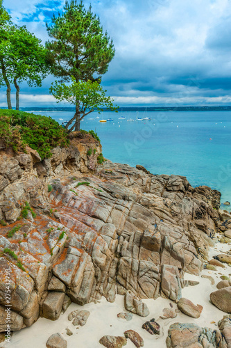 France, Brittany, Fouesnant, coastal track (Grande Randonnee 34, number 34 in a network of long-distance footpaths in Europe) between Beg-Meil and Cap Coz photo