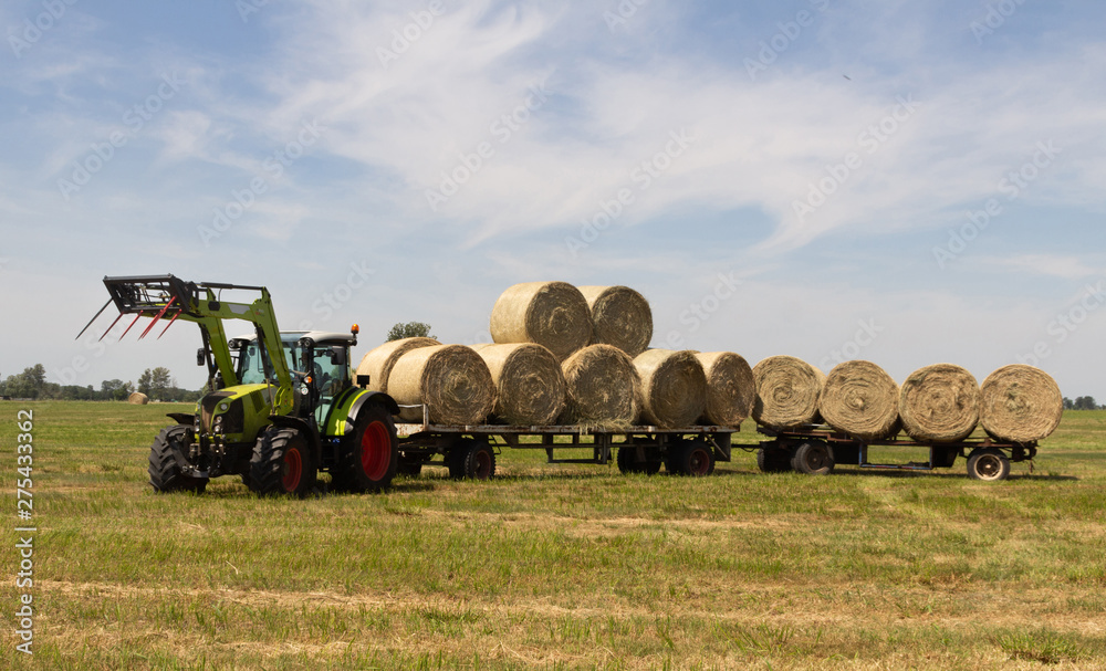 Obraz premium tractor pulling long trailer with bales of hay