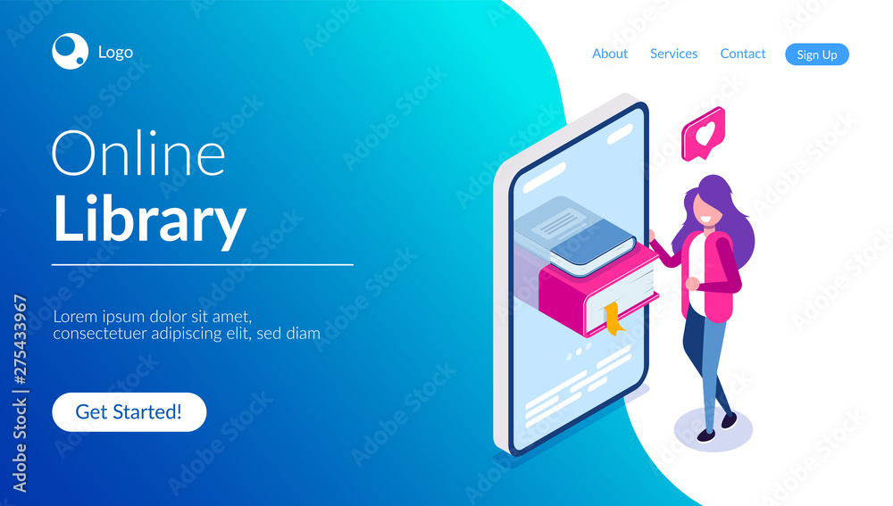 Online library concept. Books in your phone or tablet. Young girl love to read. Can use for web banner, infographics, hero images. Vector isometric 3d illustration. Online library concept. Books in your phone or tablet. Young girl love to read. Can use for web banner, infographics, hero images. Vector isometric 3d illustration.