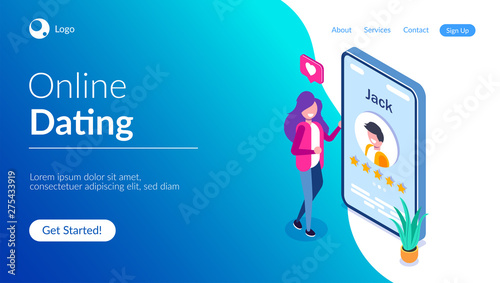 Online dating concept. Young girl evaluates the profile of a guy in a social network or application for dating. Five stars. Vector isometric 3d illustration.
