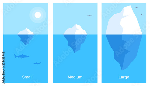 Vector business infographics element template. Creative illustration of 3 different size iceberg in blue water.