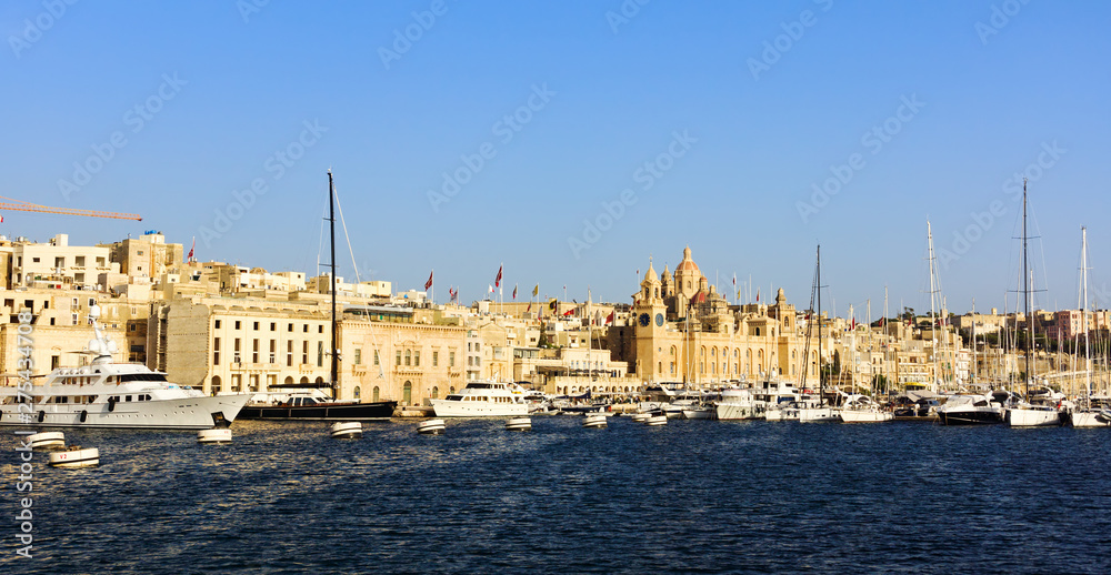 Panorama of Birgu harbor with a lot of yachts, Malta