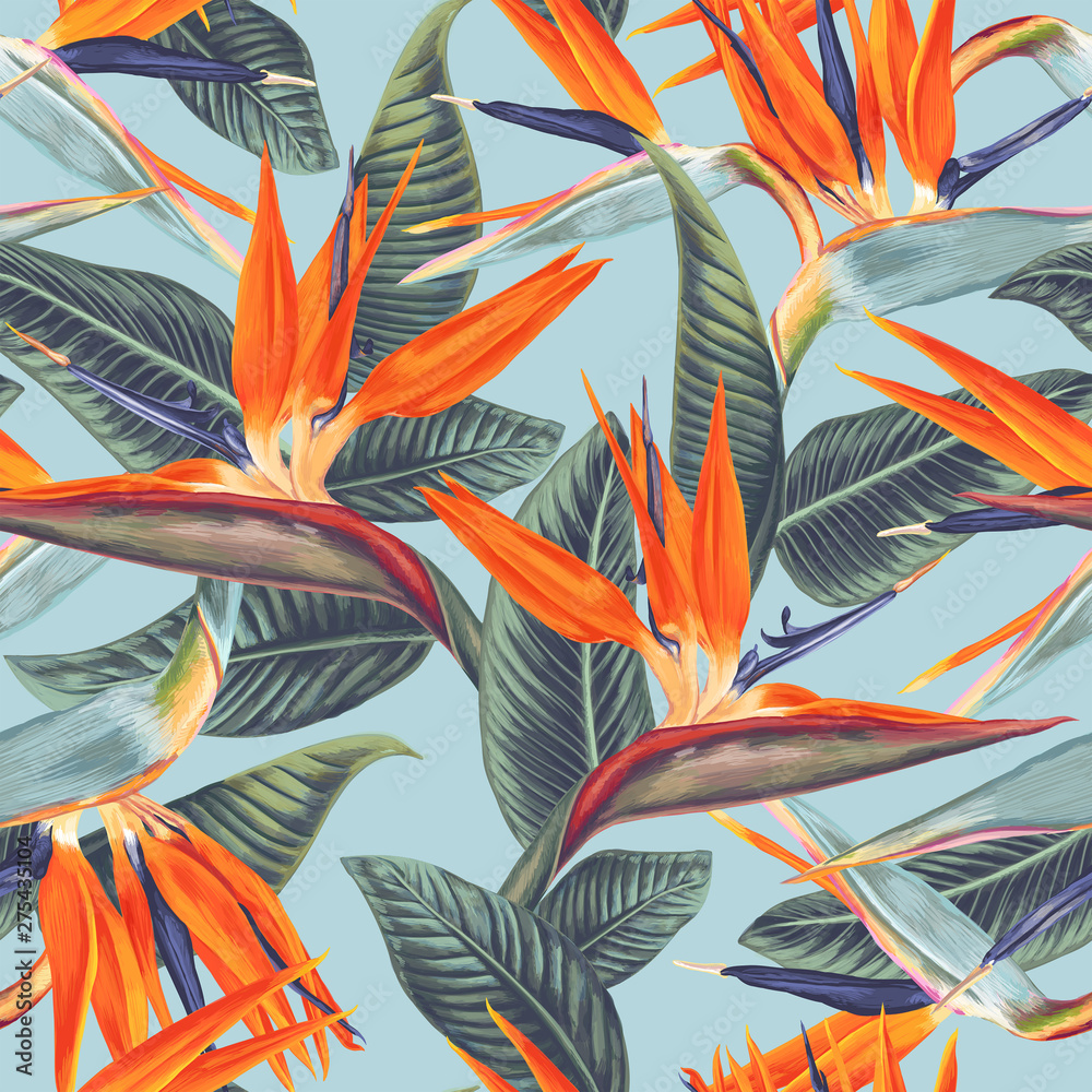 Seamless pattern with tropical flowers and leaves of Strelitzia Reginae. Realistic style, hand drawn, vector, bright colours. Background for prints, fabric, wallpapers, wrapping paper.