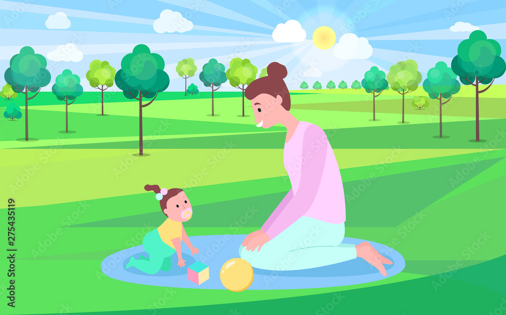 Woman playing with baby on mat outdoor, mother and daughter sitting on grass near trees, funny time, sunny weather, green nature and summertime vector