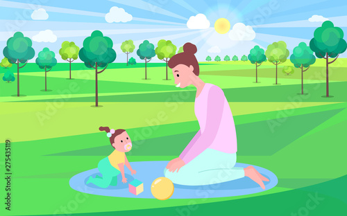 Woman playing with baby on mat outdoor, mother and daughter sitting on grass near trees, funny time, sunny weather, green nature and summertime vector © robu_s