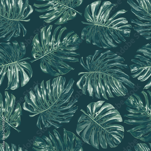 Seamless pattern with monstera leaves in realistic style and high details. Trendy summer background for pattern, wallpaper, fabric, wrapping paper, t-shirt or clothes design, poster, gift card.