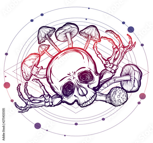 Halloween. Vector illustration. Skull, mushrooms, bones. Handmade, prints on T-shirts, background white, tattoos, Violet blue colors