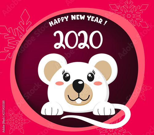 Happy New Year. Year of the white rat. 2020. Cute mouse, the symbol of 2020. Vector illustration