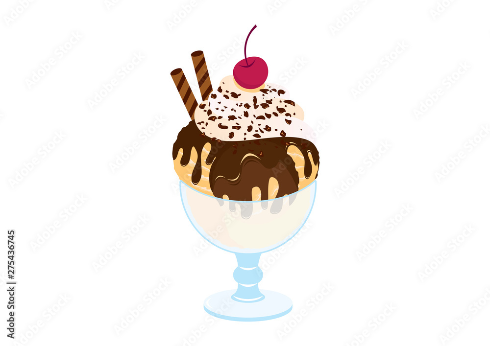 Hot Fudge Sundae vector. Chocolate sundae icon vector. Hot Fudge Sundae isolated on a white background. Ice cream cup vector illustration Hot Fudge Sundae vector. Chocolate sundae icon vector. Hot Fudge Sundae isolated on a white background. Ice cream cup vector illustration