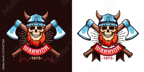 Viking skull logo template - a warrior in a horned helmet with crossed axes and a heraldic ribbon. Vector color illustration in retro style.