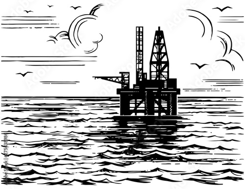 Oil platform in the sea sketch