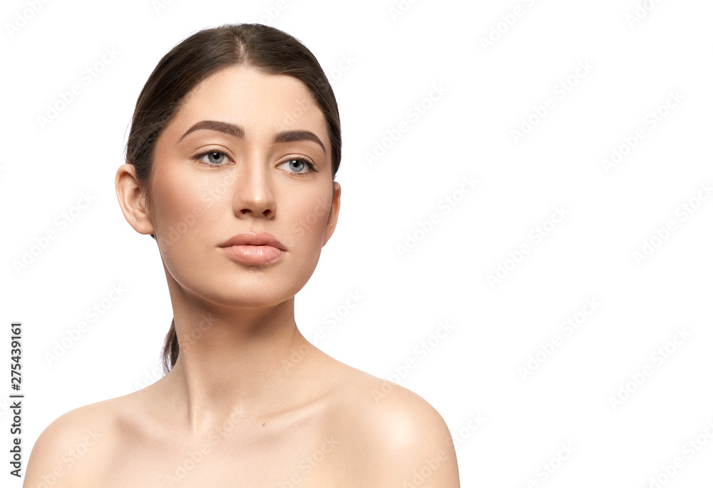 Pretty brunette with soft skin on white isolated background Pretty brunette with soft skin on white isolated background