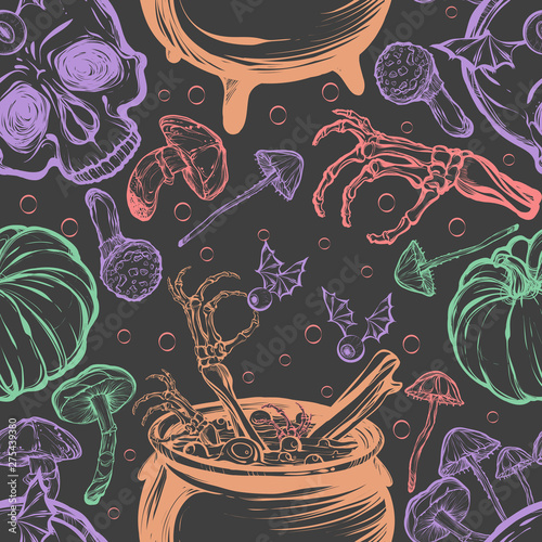 Vector illustration. Halloween. The Witch's Cauldron, Skull, leaves, pumpkin, mushrooms. Handmade, prints on T-shirts, background gray, tattoos. Green, purple, orange, red color