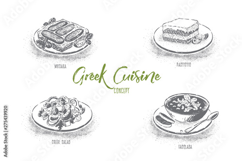 Dinner in Greece, musaka, pastitsio, greek salad and fasolada bowl, delicious meal, national food banner